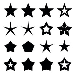 This image presents a collection of diverse star and polygon shapes, in solid black silhouettes against a pure white background.