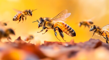 Bees flying around a vibrant environment, blurred background