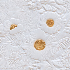 Obraz premium Elegant Embossed Floral Seamless Pattern with Gold Accents on a White Surface
