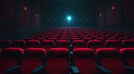 Empty theater with red seats illuminated by a blue projector light, creating a cinematic atmosphere