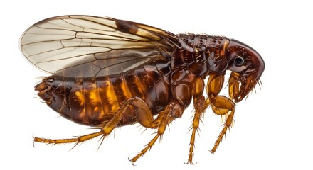 Close-up of a flea insect showing detailed body structure  on a white background.