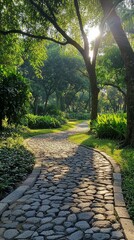 Obraz premium Serene Curved Pathway Through Lush Green Garden in Morning Light