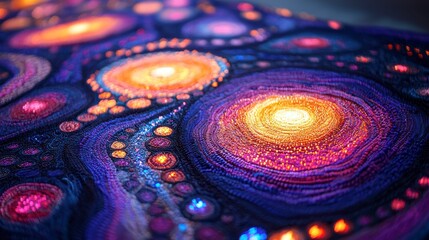 Vibrant Abstract Artwork with Celestial Motifs and Textile Texture Highlighting Colorful Swirls and Patterns in a Cosmic Design