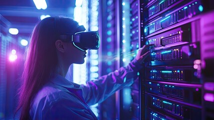 Woman in headset interacts with server rack, vibrant lighting.