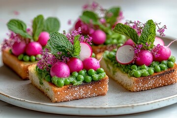 Spring toast with green pea puree, radishes, and fresh mint leaves.