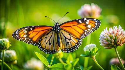 Fototapeta premium Common Tiger Butterfly Nectar Feeding on Clover Flower - Macro Slow Motion