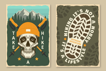 Set of ski winter sport flyer, poster, banner with ski, ski glasses, skull skeleton in winter sport hat, boot print, footprint. Family vacation, activity or travel. For logo design, patches. Vector