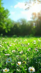 Fototapeta premium Beautiful Green Meadow with Daisies and Soft Sunlight Glimmering