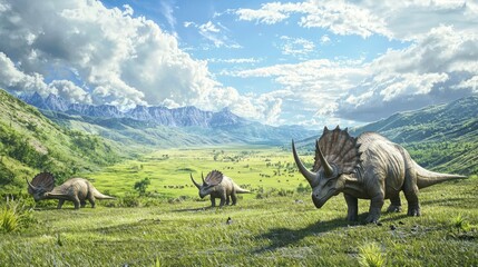 Fototapeta premium Three Triceratops Grazing in Lush Green Valley with Mountains