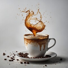 A steaming cup of coffee with rich brown foam art, rising against a white background.