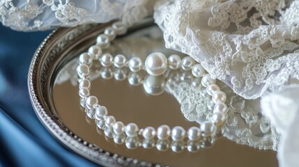 Pearl necklace, lace fabric, mirrored tray, elegant setting.