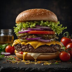 A perfectly stacked cheeseburger with colorful layers of ingredients.