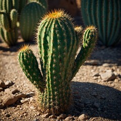 A vivid green cactus with sharp spines, casting a soft shadow.