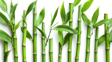 Fresh Green Bamboo Stems and Leaves on White Background for Nature