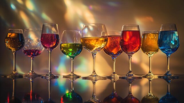 Colorful drinks in stemmed glasses, glowing background.