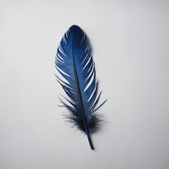 A striking blue feather with delicate strands, floating on a white background.
