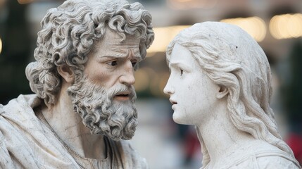 Naklejka premium Classical marble statues of an older bearded man and a young woman face each other with intense expressions against a soft bokeh background.