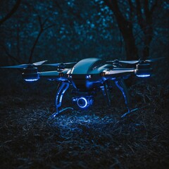 A high-tech drone with a metallic body and glowing blue LED lights.