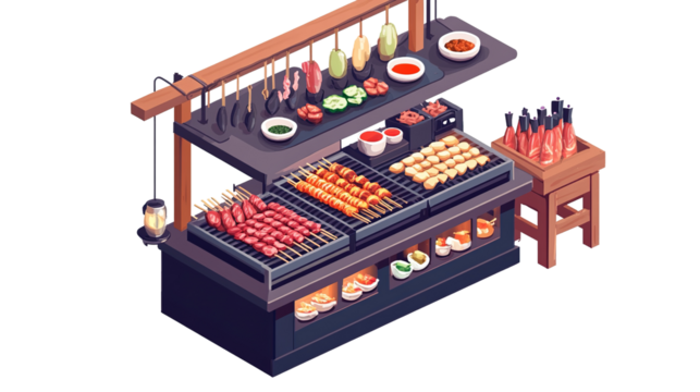 Isometric style yakitori street food cart illustration isolated on transparent background - Powered by Adobe