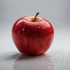 A bright red apple with water droplets, glowing against a pure white background.