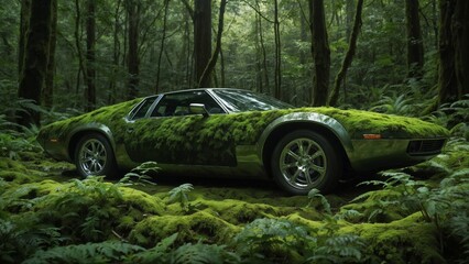 A car covered in moss and dirt, parked in a forested area with green vegetation surrounding it.