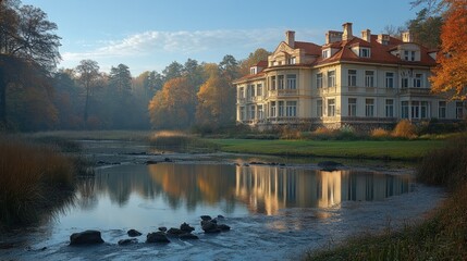 Fototapeta premium Autumnal mansion reflects in calm lake