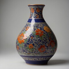 A vividly painted ceramic vase with intricate floral patterns, standing against a white backdrop.