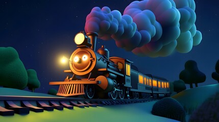 Whimsical Cartoon Train Chugging Through a Starry Night Landscape