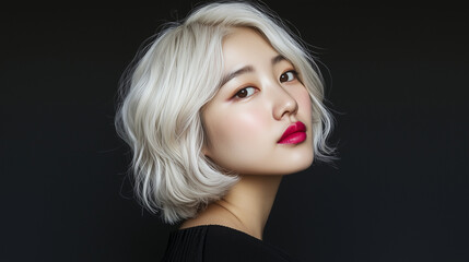 Fototapeta premium Asian woman with silver blonde wavy bob and pink lips looks confidently to the side. A modern beauty portrait that emphasizes flawless skin, stylish hair, and contemporary makeup trends.