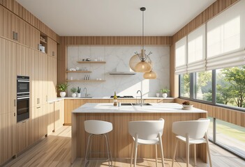 Sunny light shades and eco style wooden kitchen room with wooden walls, marble tabletop, modern bar stools and squared glass wall instead of window. 3D rendering. 8k