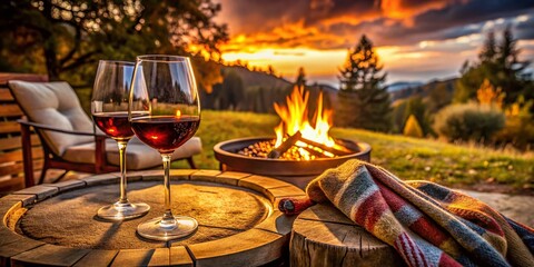 Cozy Fireplace Evening: Romantic Wine Night Panoramic Stock Photo