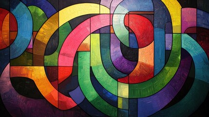 Vibrant Abstract Art Composition with Curved Shapes and Bold Colors Displaying Dynamic Patterns and Textures in a Modern Style