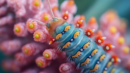 Fototapeta premium Vibrant Blue Caterpillar on Pink Flower Macro Photography