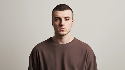 Stylish brown crew neck t-shirt mockup featuring a male model. A perfect blank template for branding, fashion campaigns, and e-commerce stores. High-quality cotton with a relaxed casual fit.
