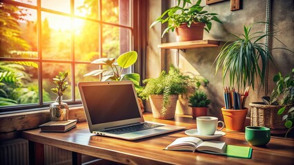 Cozy Vintage Workspace: Sunlit Window, Laptop, Plants & Stationery