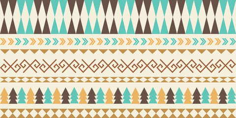 A vibrant geometric ethnic border pattern tribal motifs,brown, mustard yellow,turquoise on beige background,warm,traditional,modern. for textiles,digital backgrounds,invitations, posters,stationery © pattama