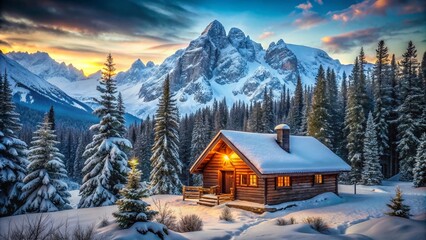Naklejka premium Cozy Wooden Cabin in Snowy Mountain Landscape - Winter Retreat Real Estate