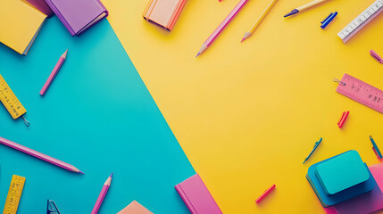 A minimalist, dual-tone yellow and blue study workspace featuring pencils, notebooks, and erasers for a clean and creative setup.

