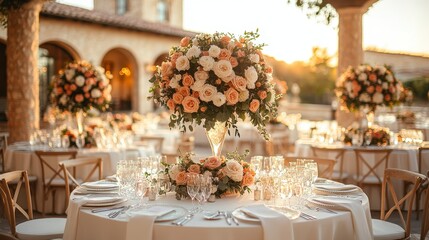 Elegant Peach Rose Wedding Reception Outdoor Setting