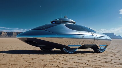 A futuristic, high-tech boat with a sleek, aerodynamic design, positioned on a barren, sandy landscape. The boat has large, forward-facing windows