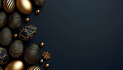 Fototapeta premium Navy blue Easter layout featuring golden eggs, simple accents, and text-friendly space for banners.
