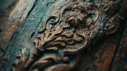 Intricate Wooden Carving on Rustic Background with Vintage Appeal