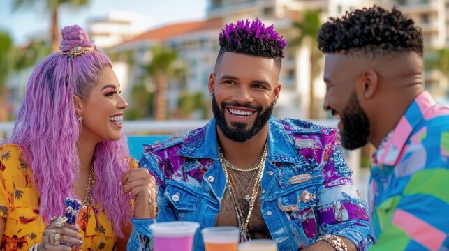 A Vibrant Conversation: Three friends share laughs and joyful conversation over drinks, their colorful attire and relaxed postures capturing the carefree spirit of summer.  