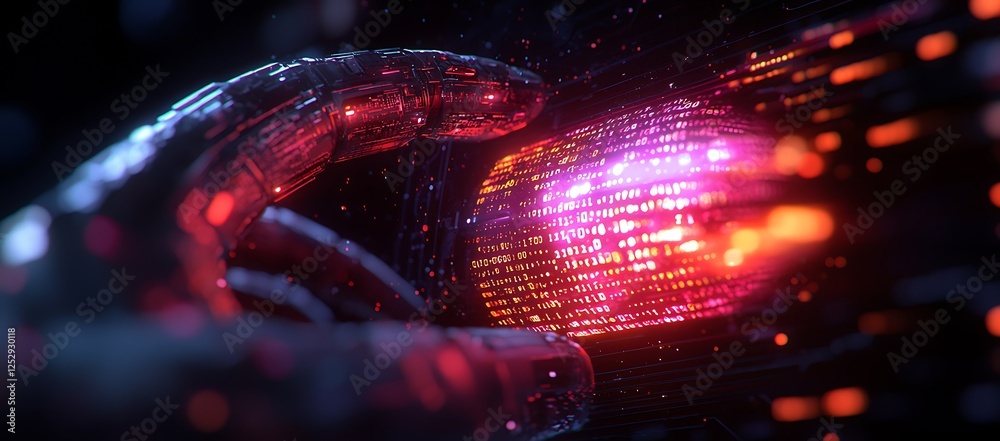 Poster robotic hand interacting with glowing binary code sphere
