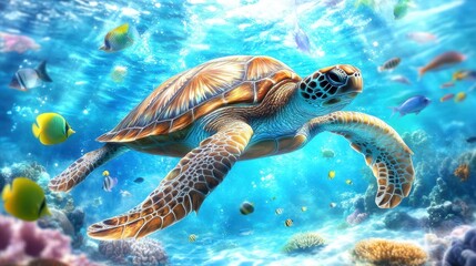 Obraz premium Sea Turtle Serenity: An enchanting underwater scene with a serene sea turtle gracefully gliding through a vibrant coral reef teeming with colorful tropical fish. A mesmerizing display of marine life.