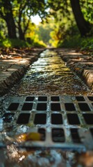 Flowing Water Through Drainage Grate in Sunlit Nature Pathway