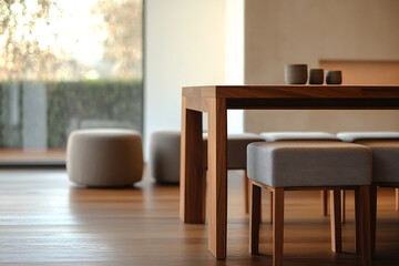 A cozy, minimalist dining area with a wooden table, soft stools, and a serene atmosphere. The image showcases modern interior design with natural light flowing through a large window.
