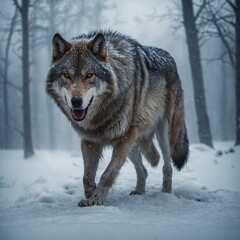 Naklejka premium A giant spirit wolf walking through the snow, its translucent body blending with the fog.