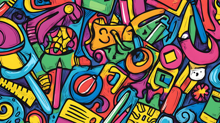 Obraz premium An energetic and artistic pattern of everyday school essentials, including paper clips, sticky notes, and geometric rulers, perfect for academic or office decor.