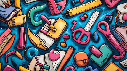 A vibrant mix of school and office supplies, including rulers, tape dispensers, and pens, artistically arranged in a bright and engaging design.

